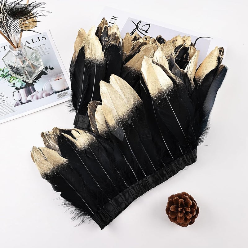 MAOFENG 2 Yards Natural Goose Feathers Trim Sewing Fringe Fashion Dress Sewing 6-8inch for DIY Handicrafts Costumes Decoration,Black Golden - Image 5